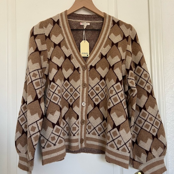 JODIFL Sweaters - JODIFL Geometric Patterned Cardigan | Tan/Brown/White | L